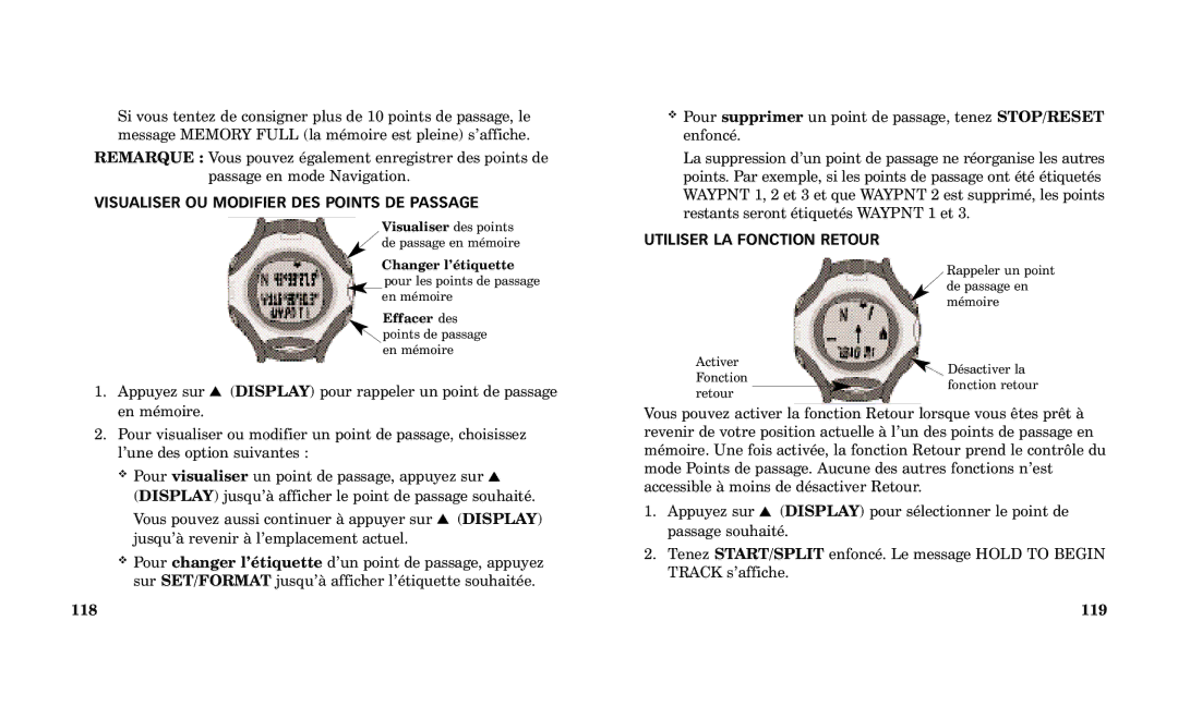 Timex Performance Watch manual Visualiser OU Modifier DES Points DE Passage, 118, Utiliser LA Fonction Retour, 119 