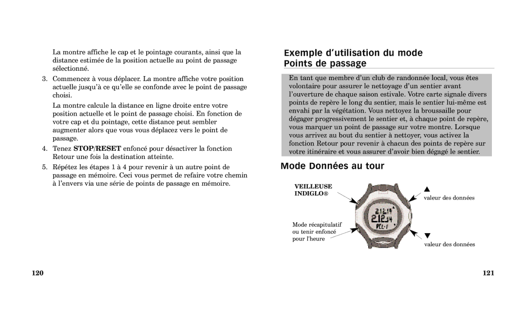 Timex Performance Watch manual Exemple dÕutilisation du mode Points de passage, Mode DonnŽes au tour, 120 121 