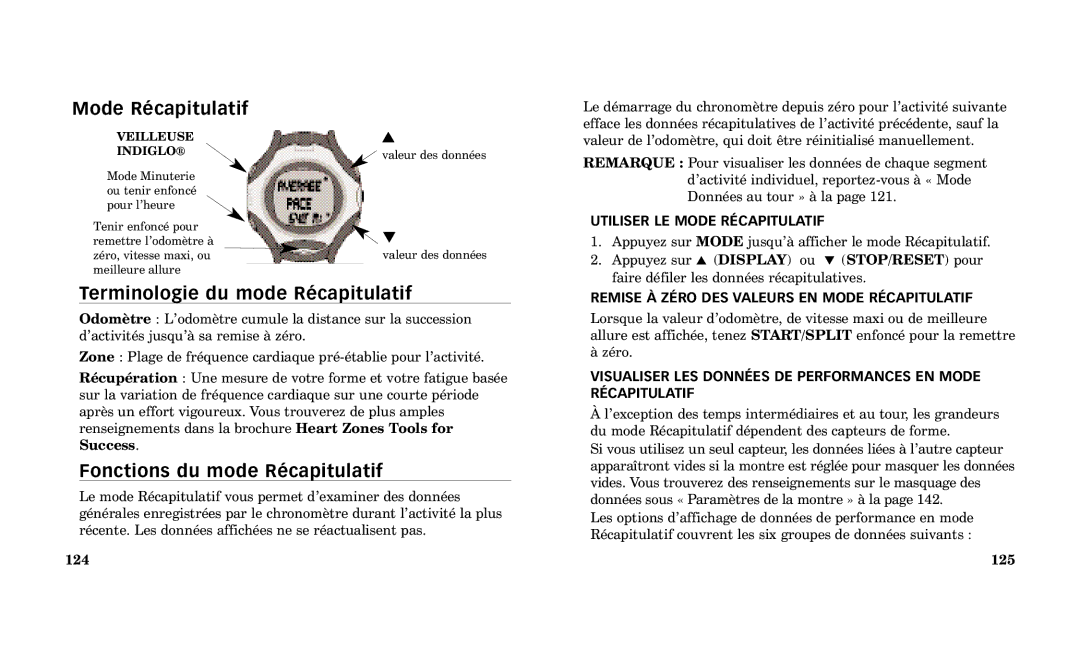 Timex Performance Watch manual Mode RŽcapitulatif, Terminologie du mode RŽcapitulatif, Fonctions du mode RŽcapitulatif 