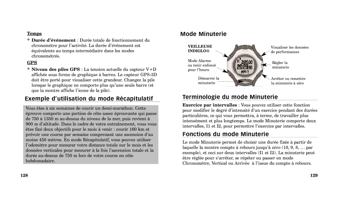 Timex Performance Watch manual Exemple dÕutilisation du mode RŽcapitulatif, Mode Minuterie, Terminologie du mode Minuterie 