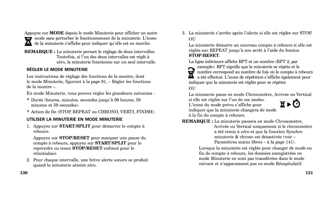 Timex Performance Watch manual RƒGLER LE Mode Minuterie, Utiliser LA Minuterie EN Mode Minuterie, 130, Stop/Reset, 131 