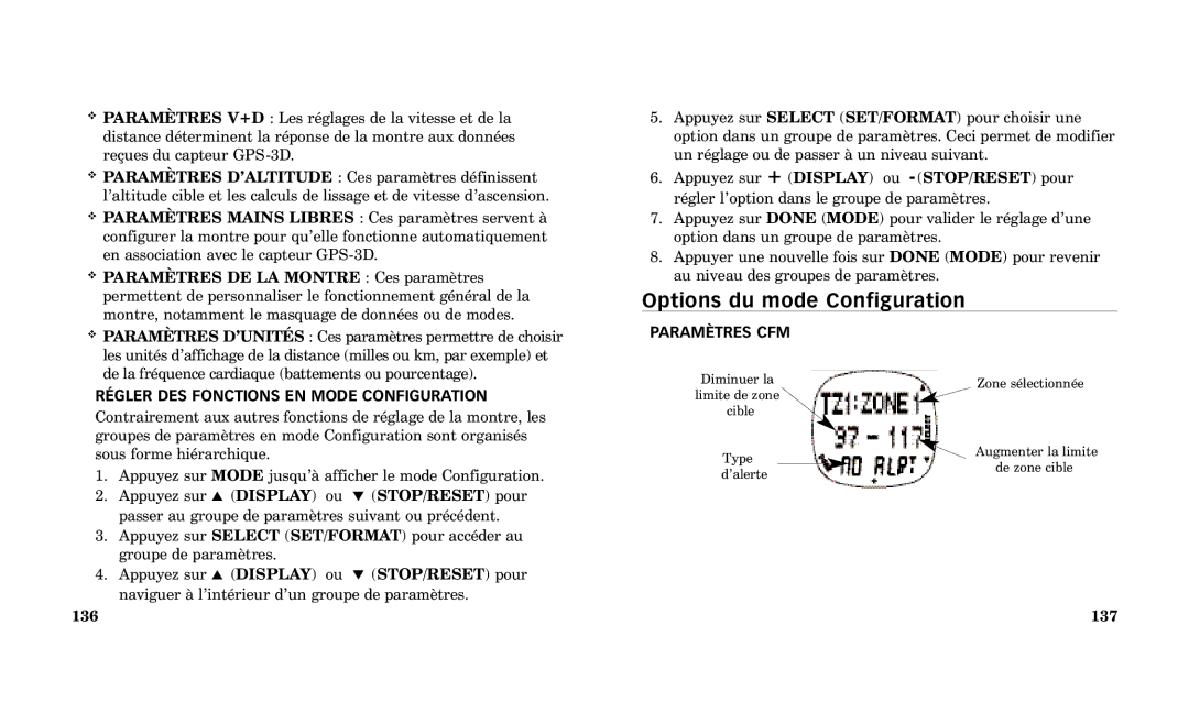 Timex Performance Watch Options du mode Configuration, RƒGLER DES Fonctions EN Mode Configuration, 136, PARAMéTRES CFM 