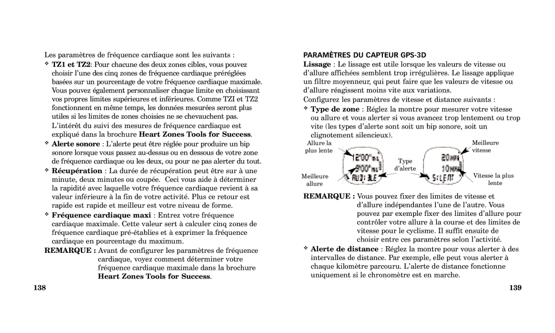 Timex Performance Watch manual Les paramètres de fréquence cardiaque sont les suivants, 139 