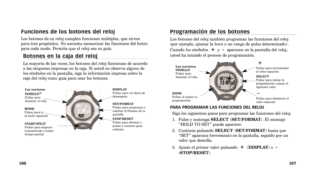 Timex Performance Watch manual Funciones de los botones del reloj, Botones en la caja del reloj Programaci-n de los botones 