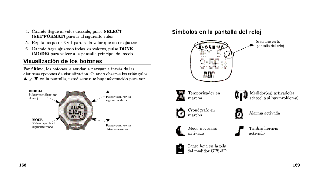 Timex Performance Watch manual Visualizaci-n de los botones, ’mbolos en la pantalla del reloj, 168 169 