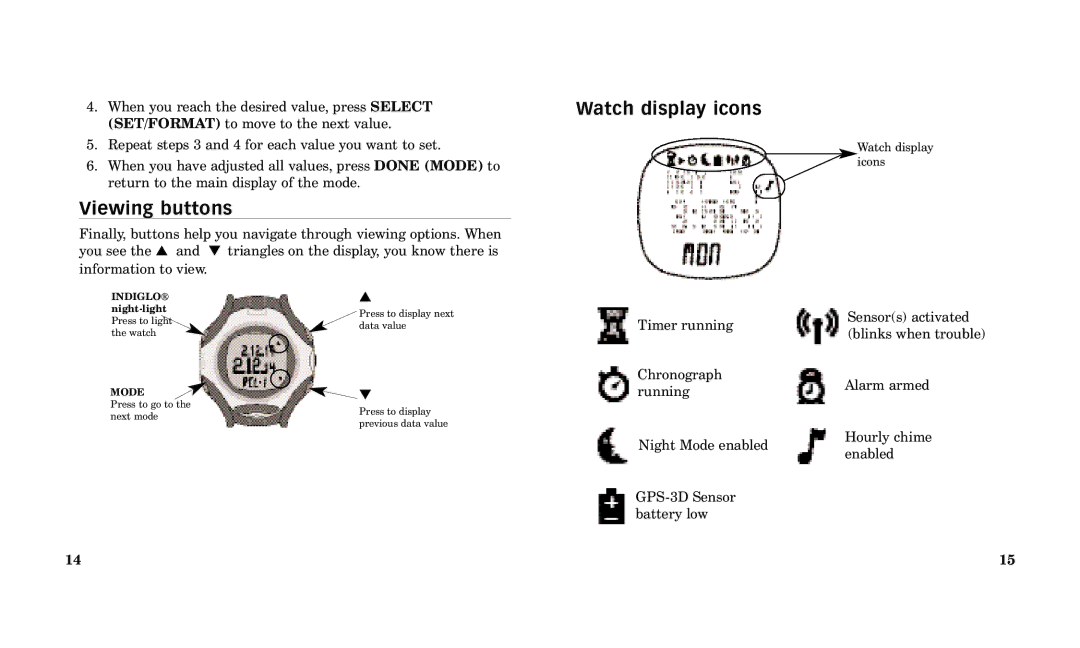 Timex Performance Watch manual Viewing buttons, Watch display icons 