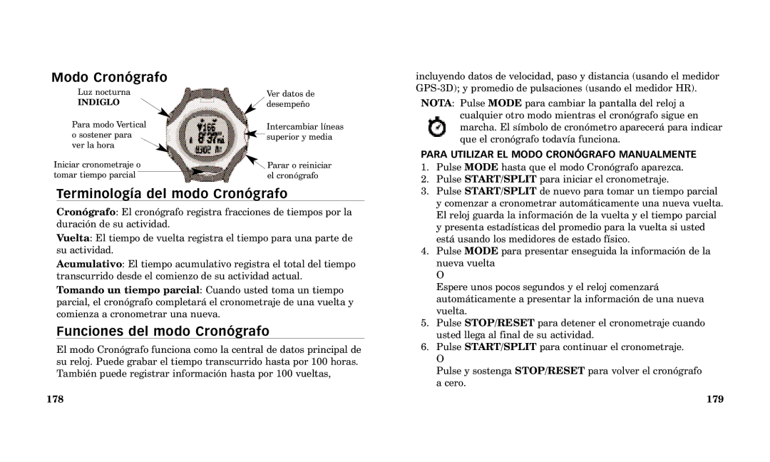 Timex Performance Watch manual Modo Cron-grafo, Terminolog’a del modo Cron-grafo, Funciones del modo Cron-grafo 