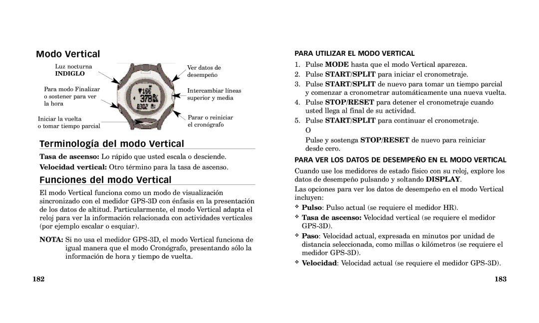 Timex Performance Watch manual Modo Vertical, Terminolog’a del modo Vertical, Funciones del modo Vertical 