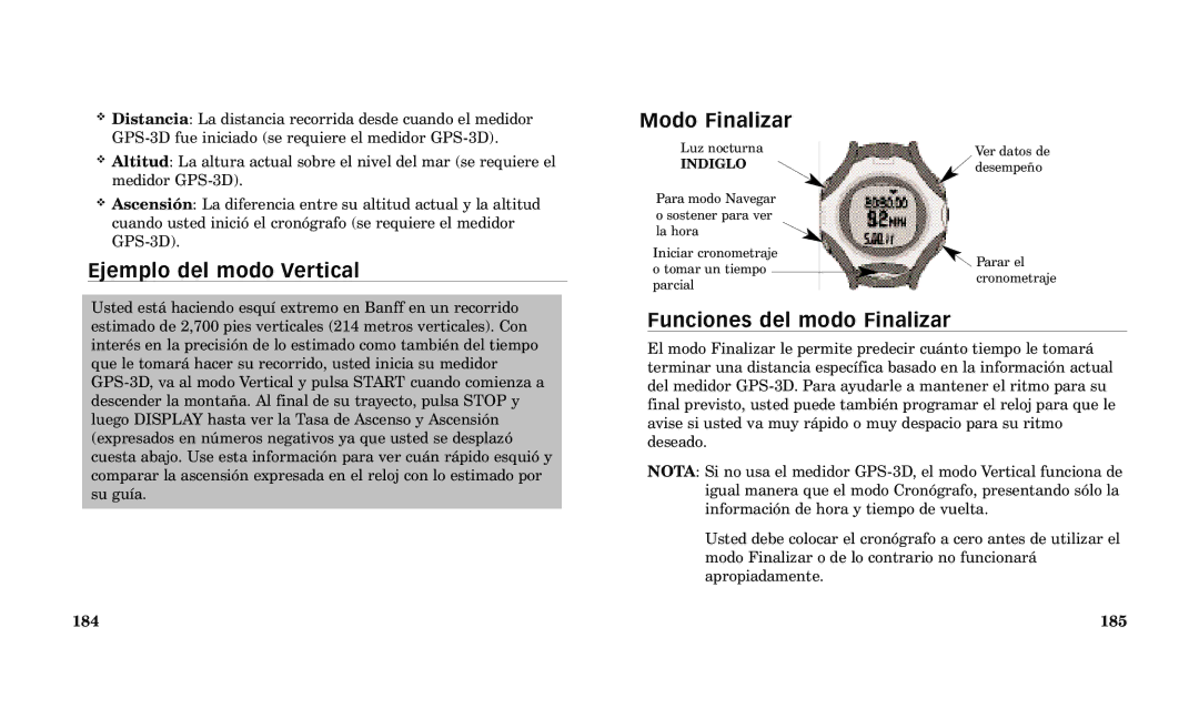 Timex Performance Watch manual Modo Finalizar, Ejemplo del modo Vertical, Funciones del modo Finalizar, 184 185 