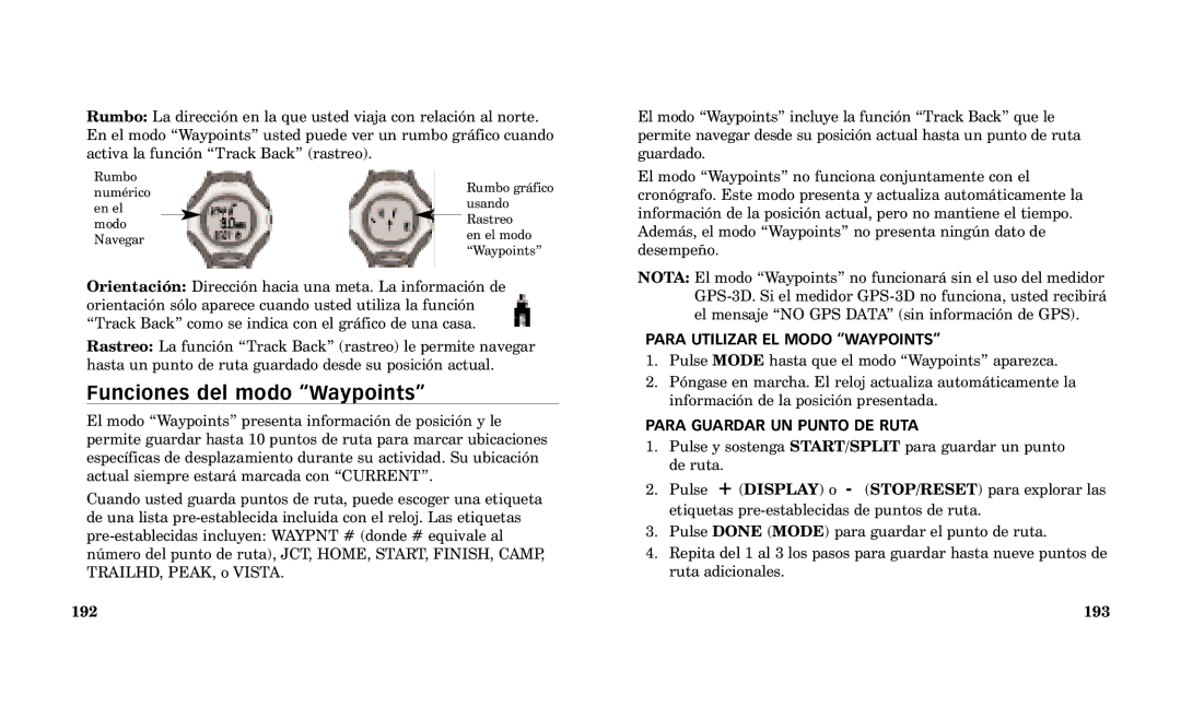 Timex Performance Watch manual Funciones del modo ÒWaypointsÓ, 192, Para Utilizar EL Modo Òwaypointsó, 193 