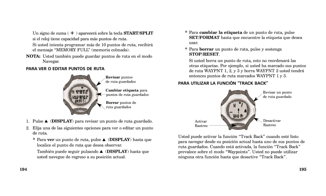 Timex Performance Watch manual Para VER O Editar Puntos DE Ruta, Para Utilizar LA FUNCIîN Òtrack Backó, 194 195 