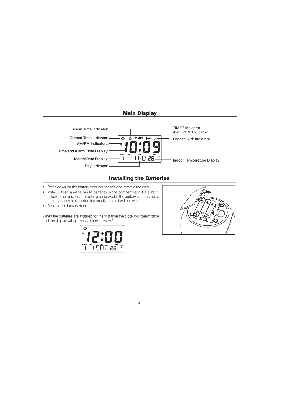 Timex T035 manual Main Display, Installing the Batteries 