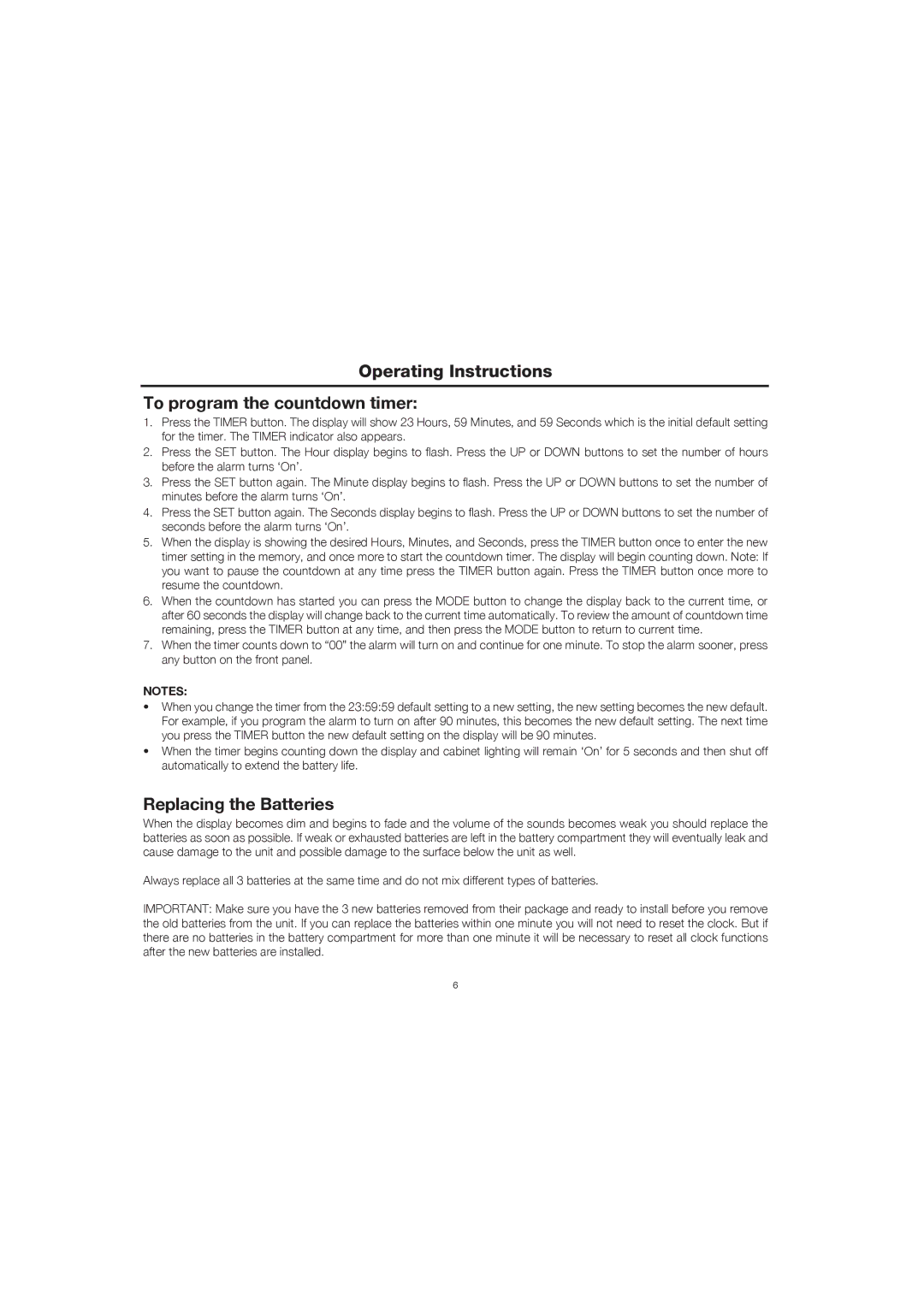 Timex T035 manual Operating Instructions To program the countdown timer, Replacing the Batteries 