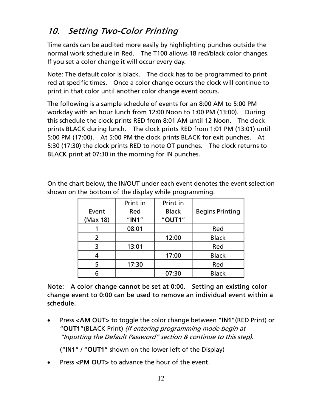 Timex T100 user manual Setting Two-Color Printing, IN1 OUT1 