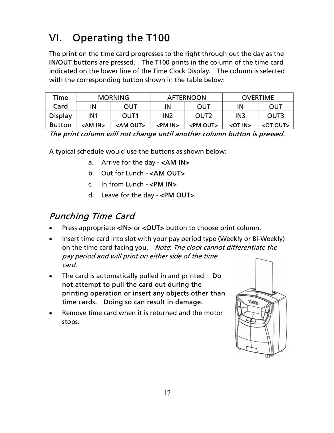 Timex user manual VI. Operating the T100, Punching Time Card 