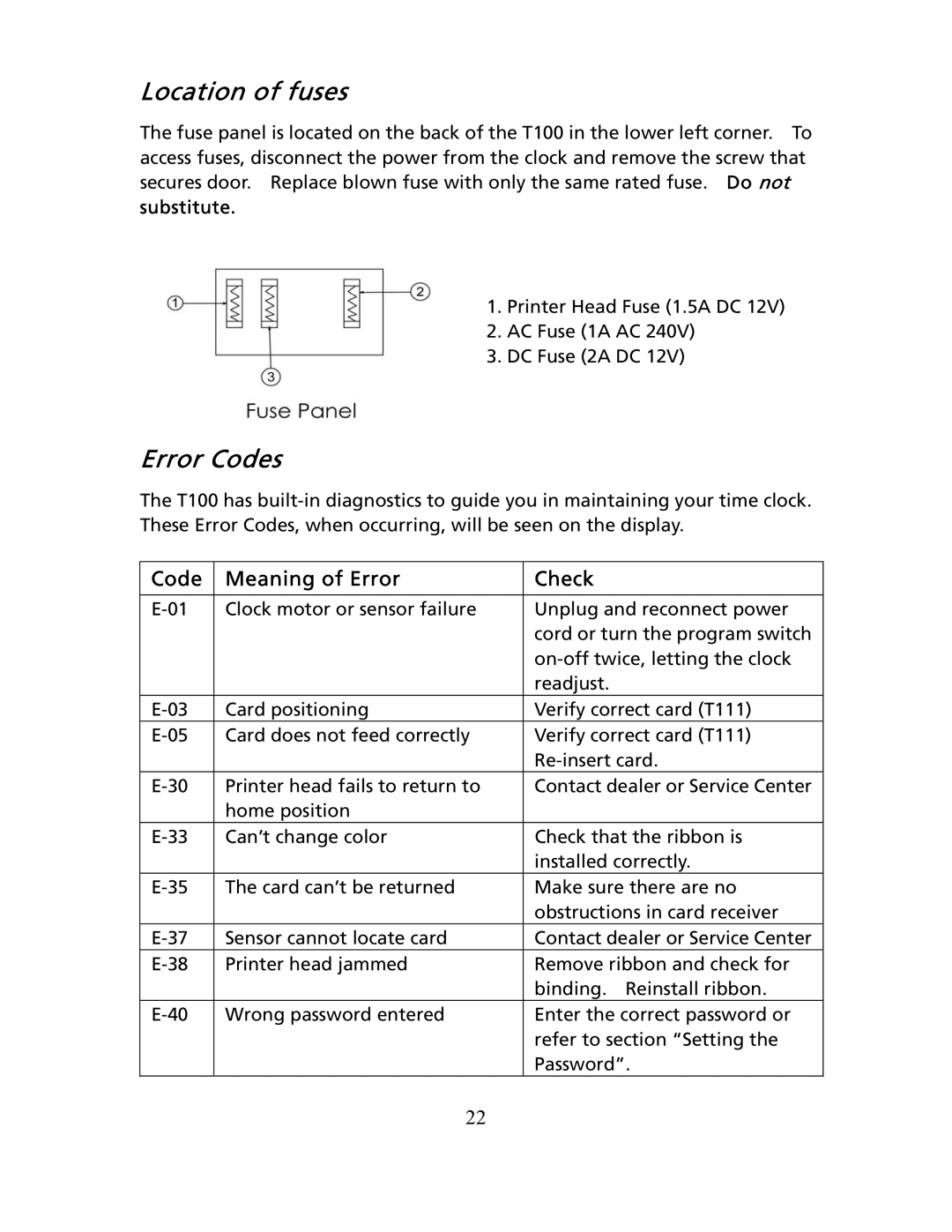 Timex T100 user manual Location of fuses, Error Codes 