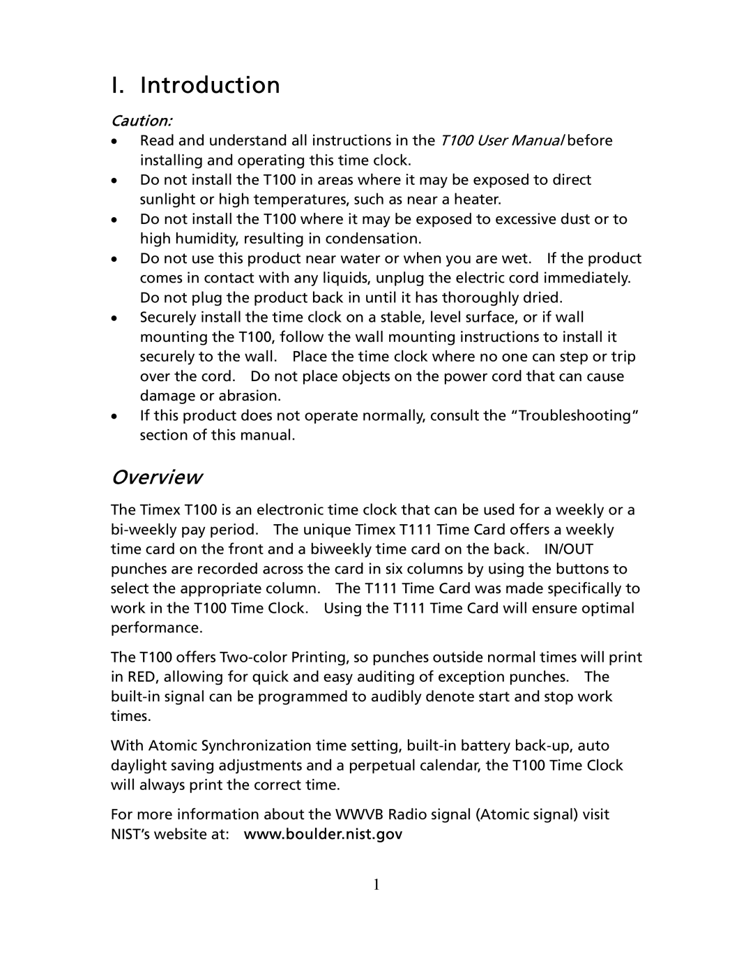 Timex T100 user manual Introduction, Overview 