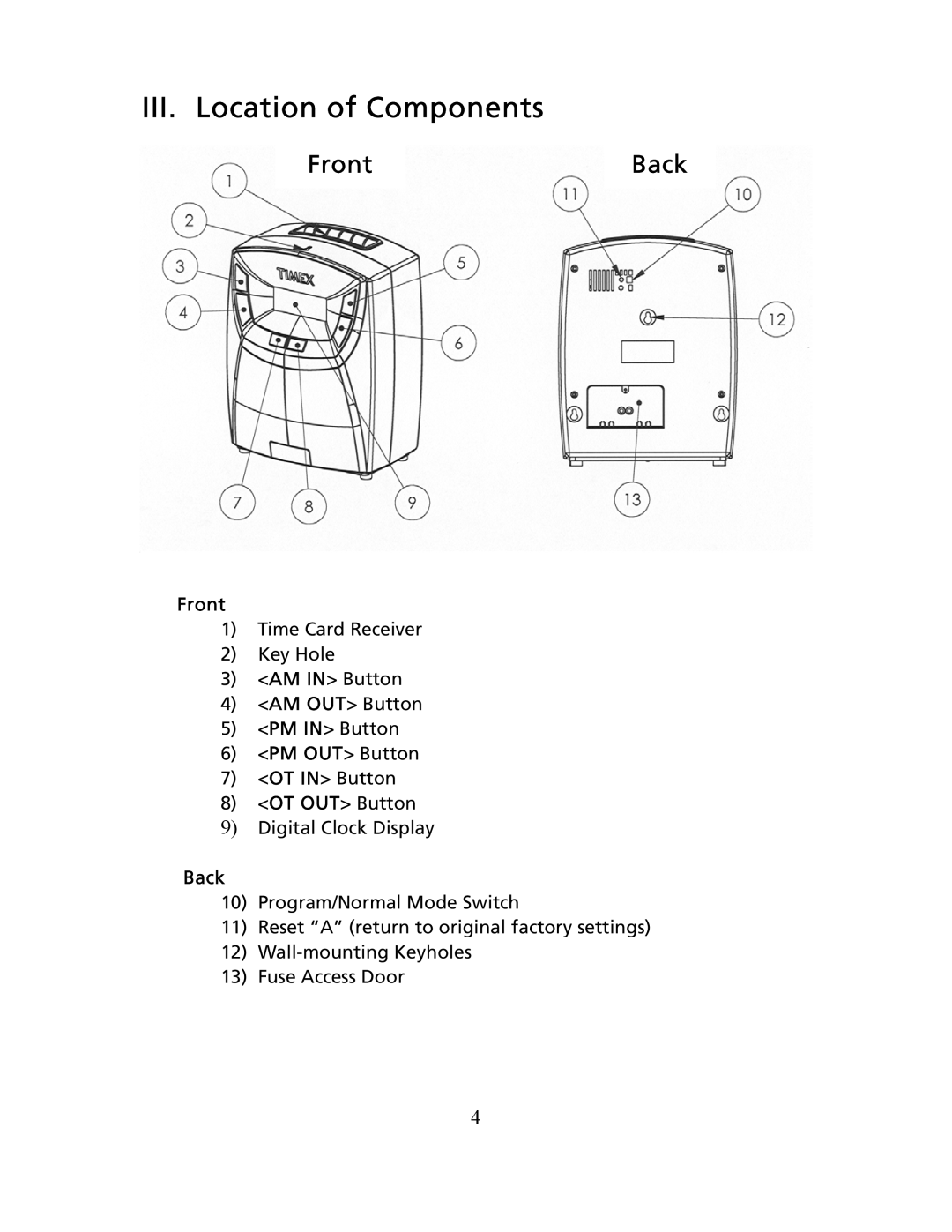 Timex T100 user manual III. Location of Components, FrontBack 