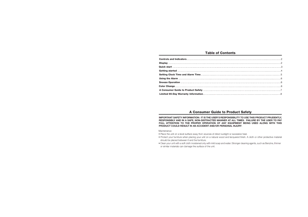 Timex T105WX manual Table of Contents, Consumer Guide to Product Safety 