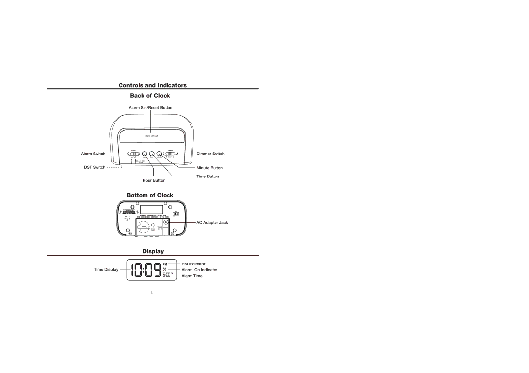 Timex T105WX manual Controls and Indicators Back of Clock, Bottom of Clock, Display 