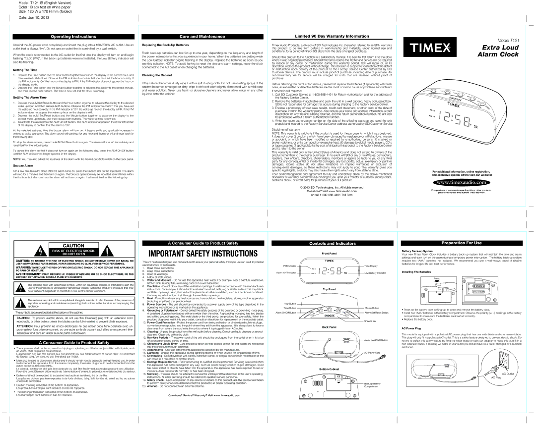 Timex T121 IB operating instructions Operating Instructions Care and Maintenance, Consumer Guide to Product Safety 