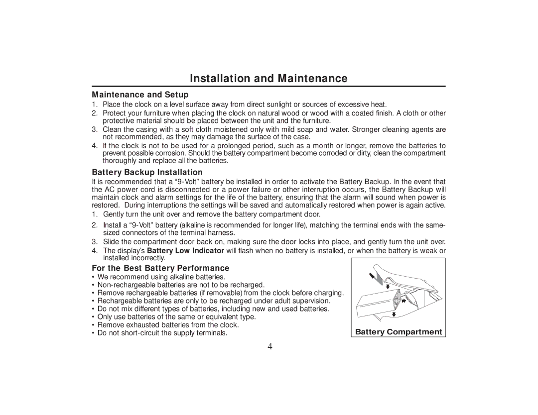 Timex T131 manual Installation and Maintenance, Maintenance and Setup, Battery Backup Installation 