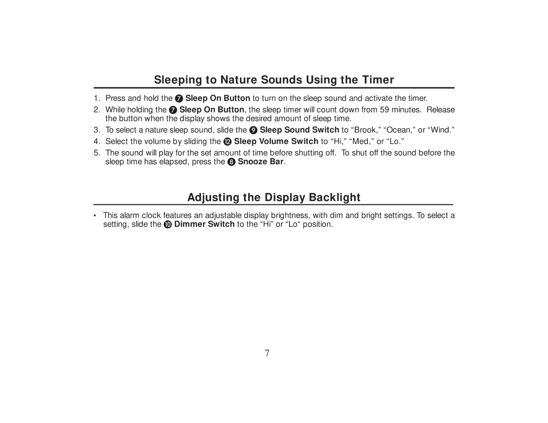 Timex T131 manual Sleeping to Nature Sounds Using the Timer, Adjusting the Display Backlight 