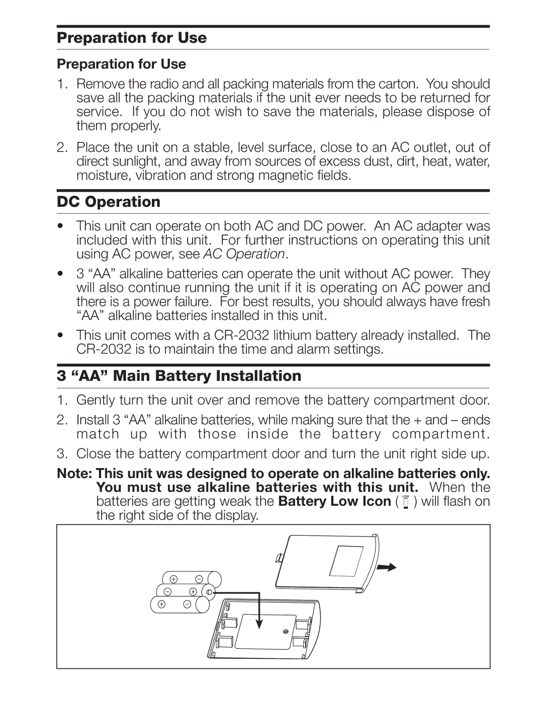 Timex T150 manual Preparation for Use, DC Operation, AA Main Battery Installation 