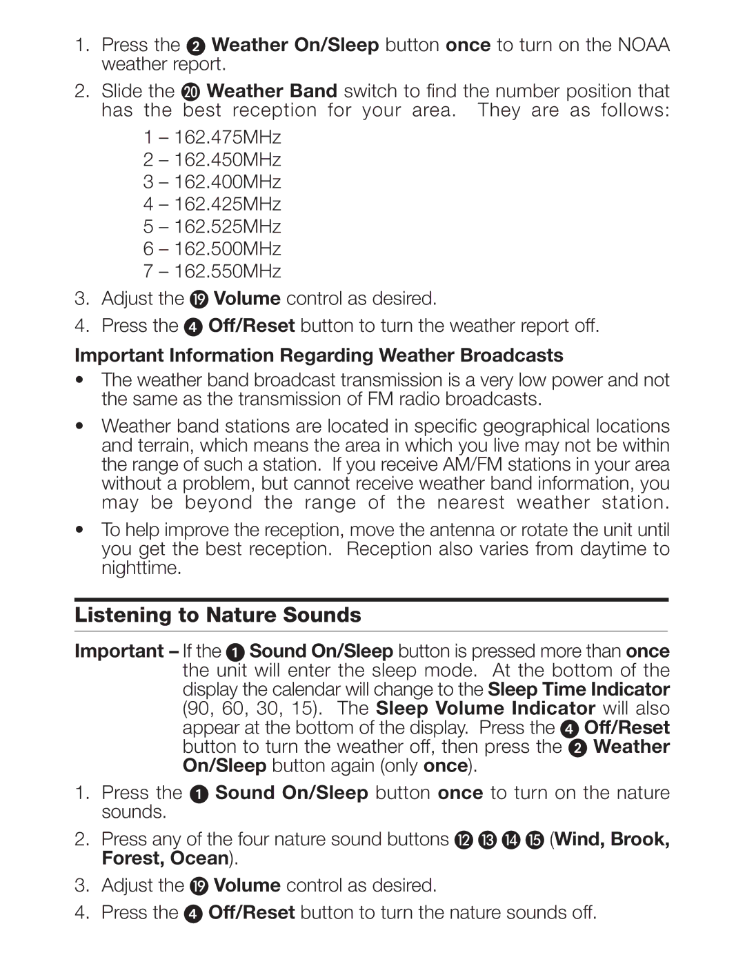 Timex T150 manual Listening to Nature Sounds, Important Information Regarding Weather Broadcasts, Off/Reset, Forest, Ocean 