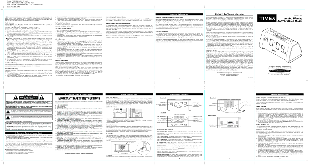 Timex T235 IB warranty Care and Maintenance, Consumer Guide to Product Safety, Preparation For Use, Operating Instructions 