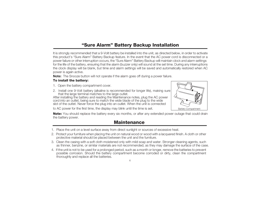 Timex T237 manual Sure Alarm Battery Backup Installation, Maintenance 