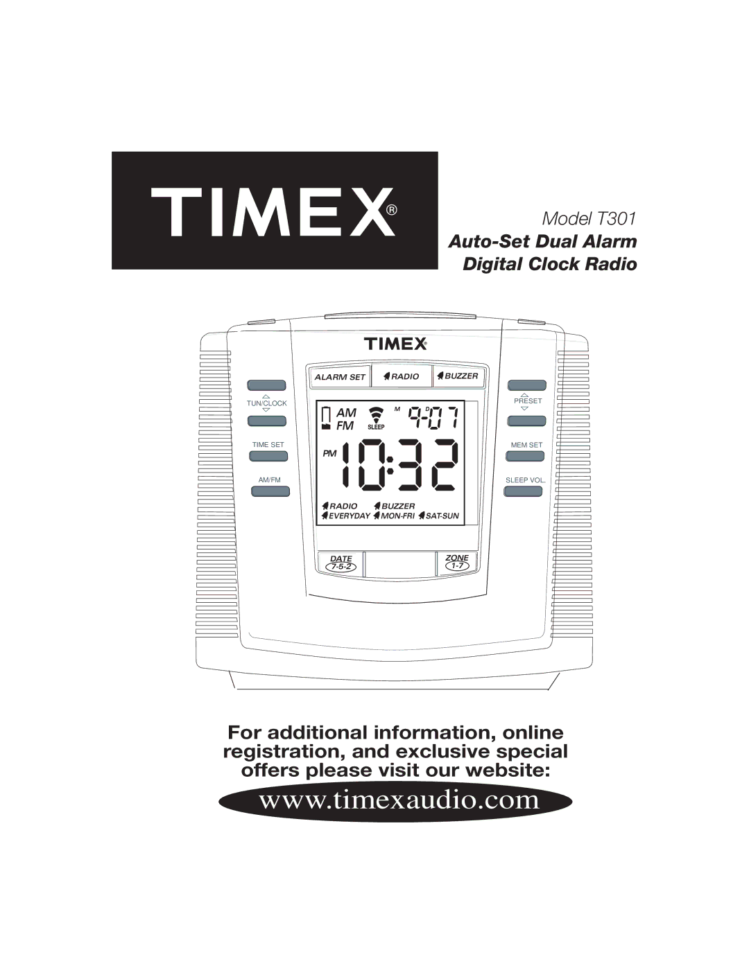 Timex T301 manual Auto-Set Dual Alarm Digital Clock Radio 