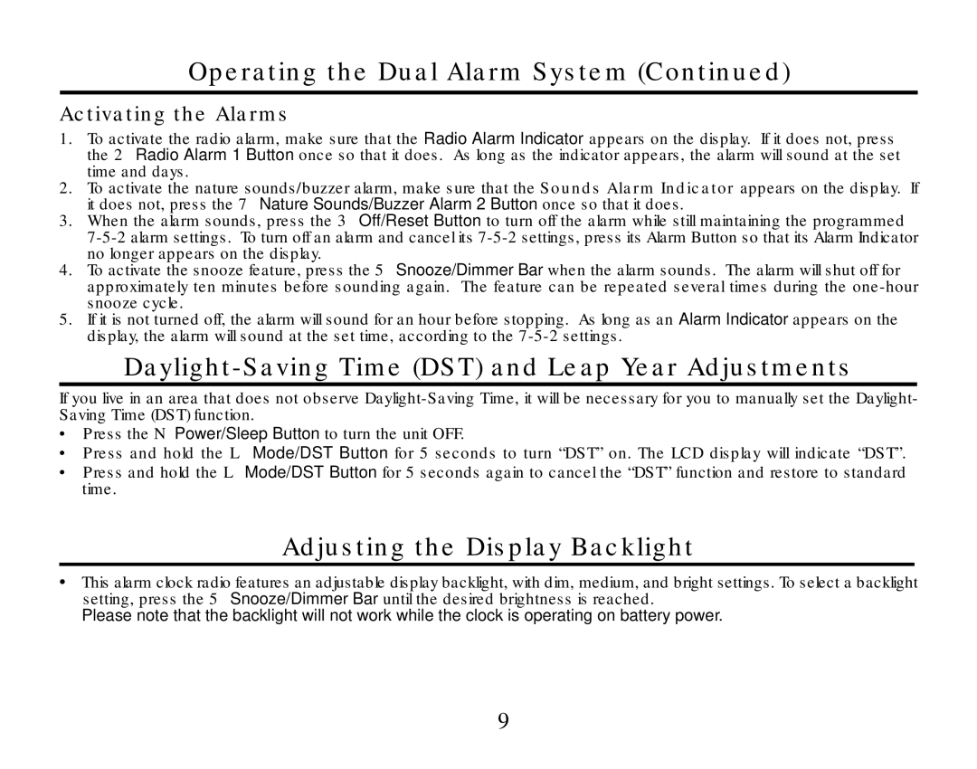 Timex T307 manual Daylight-Saving Time DST and Leap Year Adjustments, Adjusting the Display Backlight 