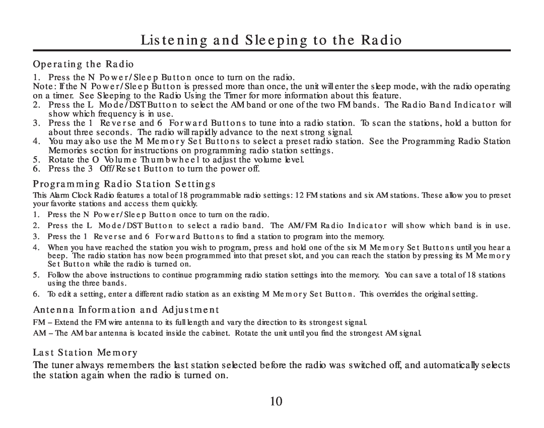 Timex T307 manual Listening and Sleeping to the Radio, Operating the Radio, Programming Radio Station Settings 