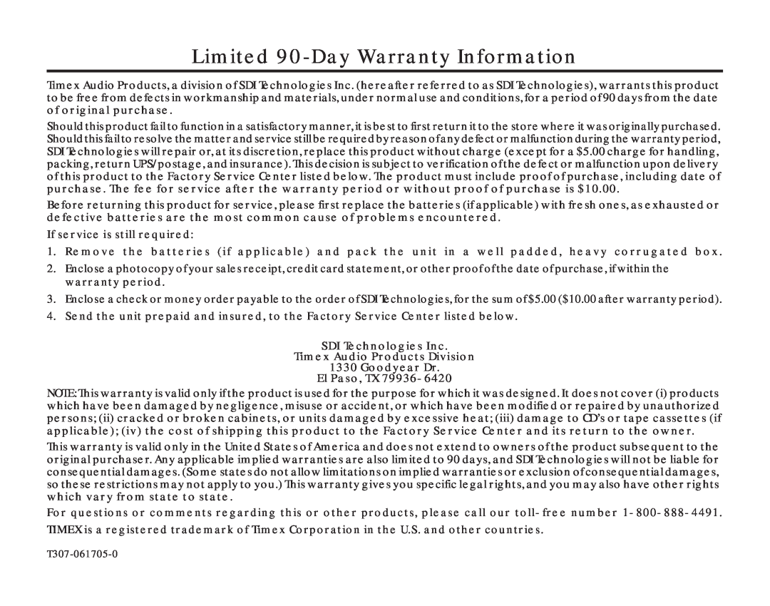 Timex T307 manual Limited 90-Day Warranty Information 