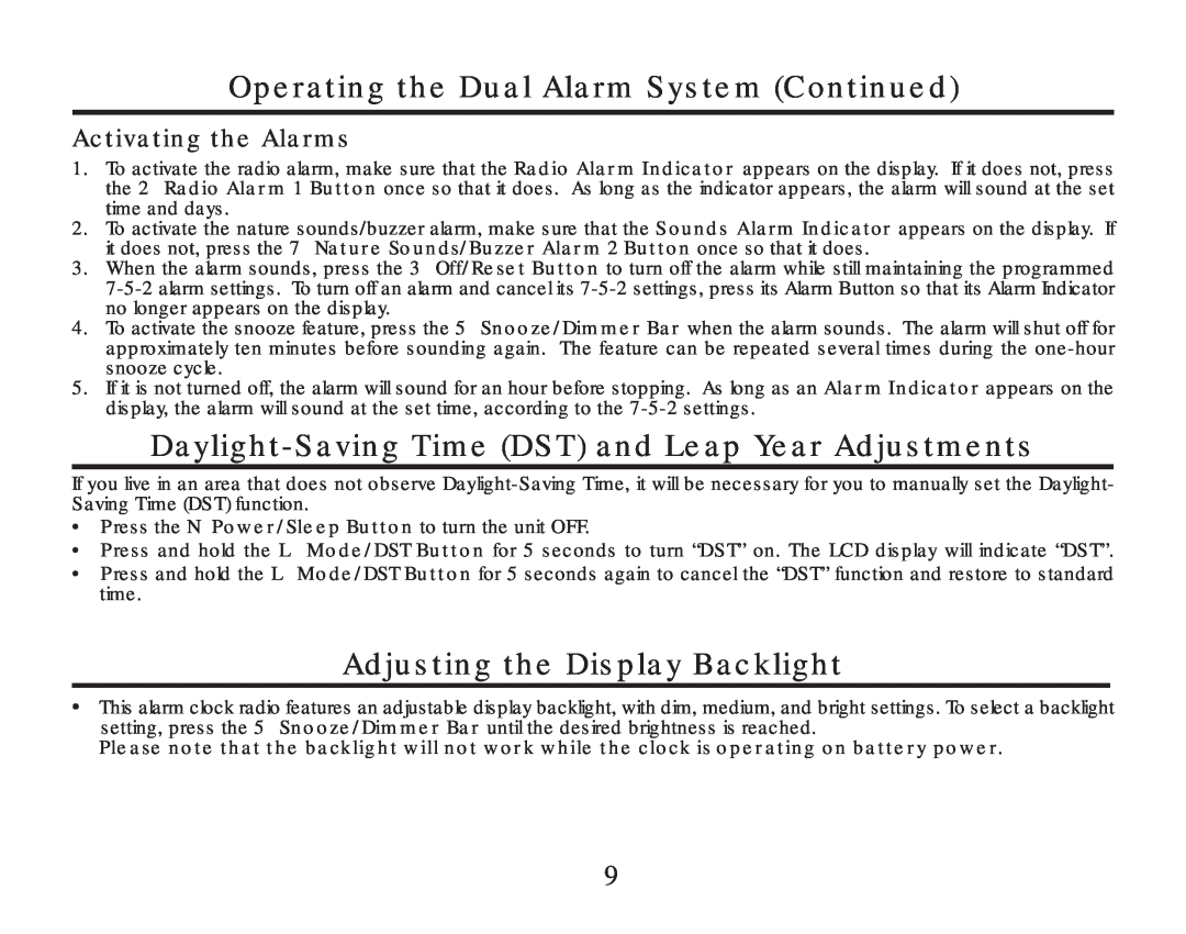 Timex T307 manual Operating the Dual Alarm System Continued, Daylight-Saving Time DST and Leap Year Adjustments 