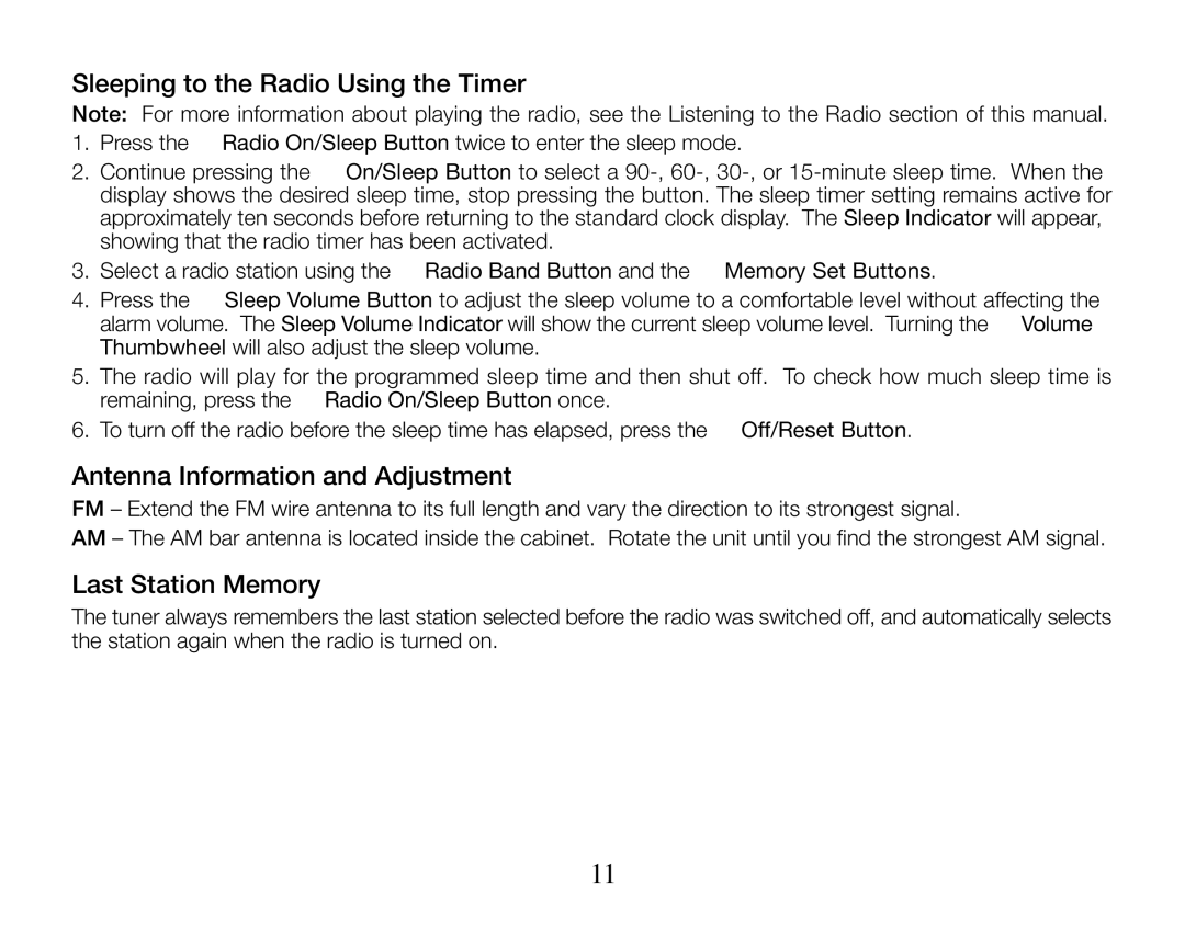 Timex T313 manual Sleeping to the Radio Using the Timer, Antenna Information and Adjustment, Last Station Memory 