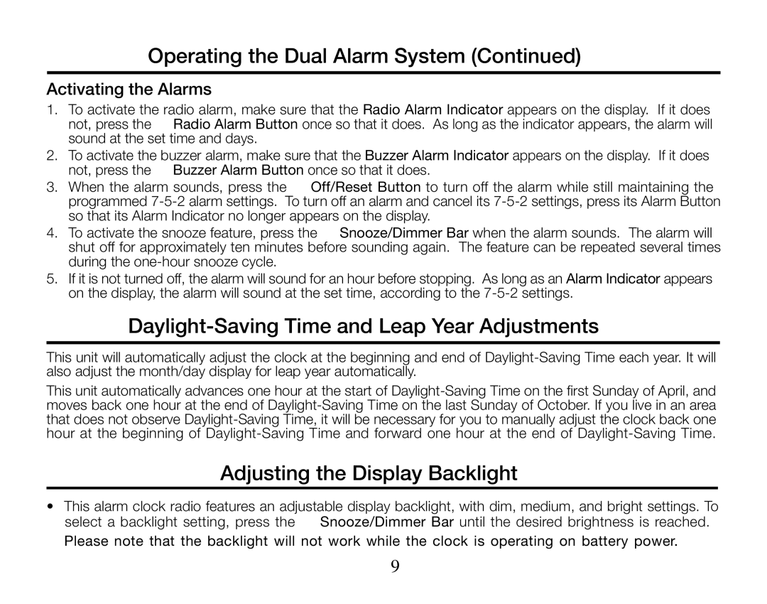 Timex T313 manual Daylight-Saving Time and Leap Year Adjustments, Adjusting the Display Backlight, Activating the Alarms 