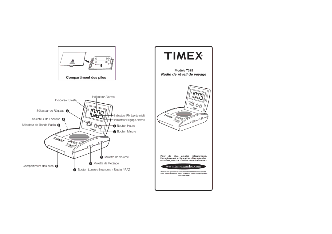 Timex T315 manual Radio de réveil de voyage 