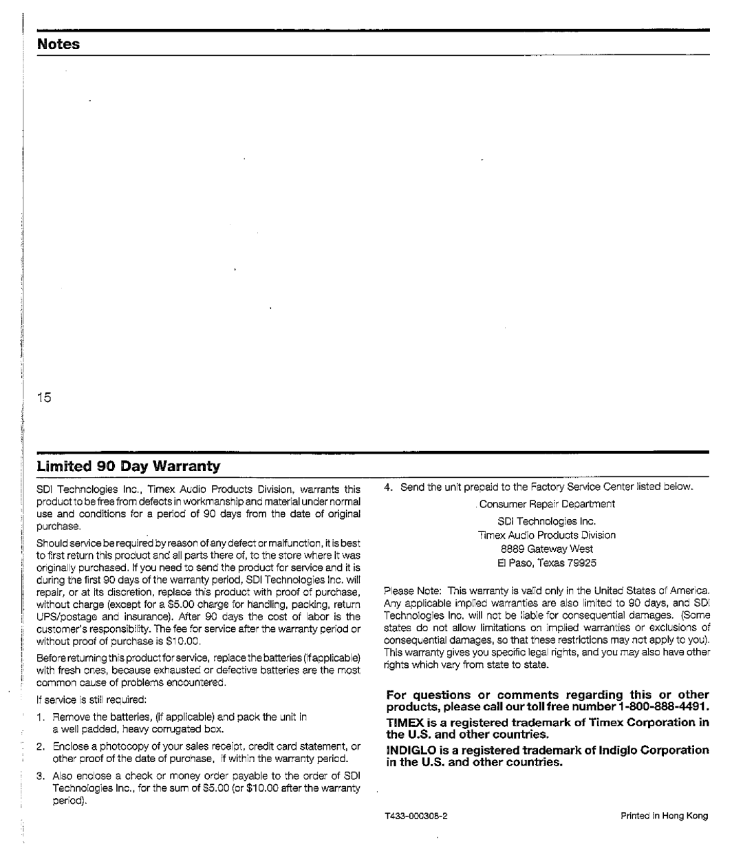 Timex T433 manual 