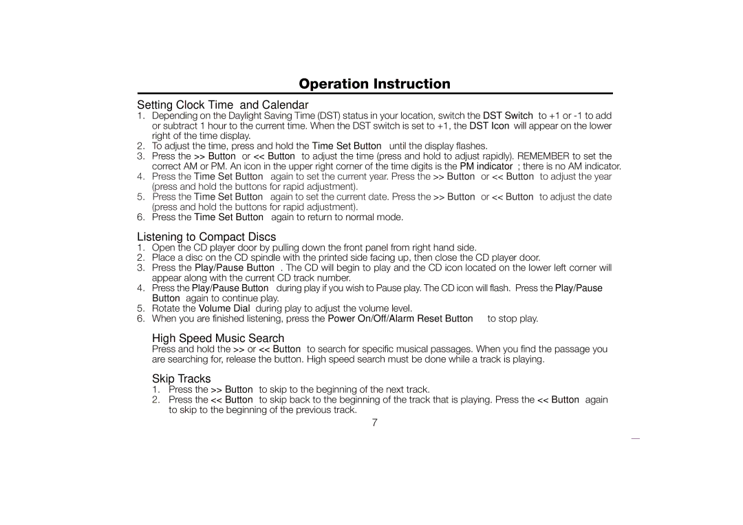 Timex T612S Operation Instruction, Setting Clock Time and Calendar, Listening to Compact Discs, High Speed Music Search 