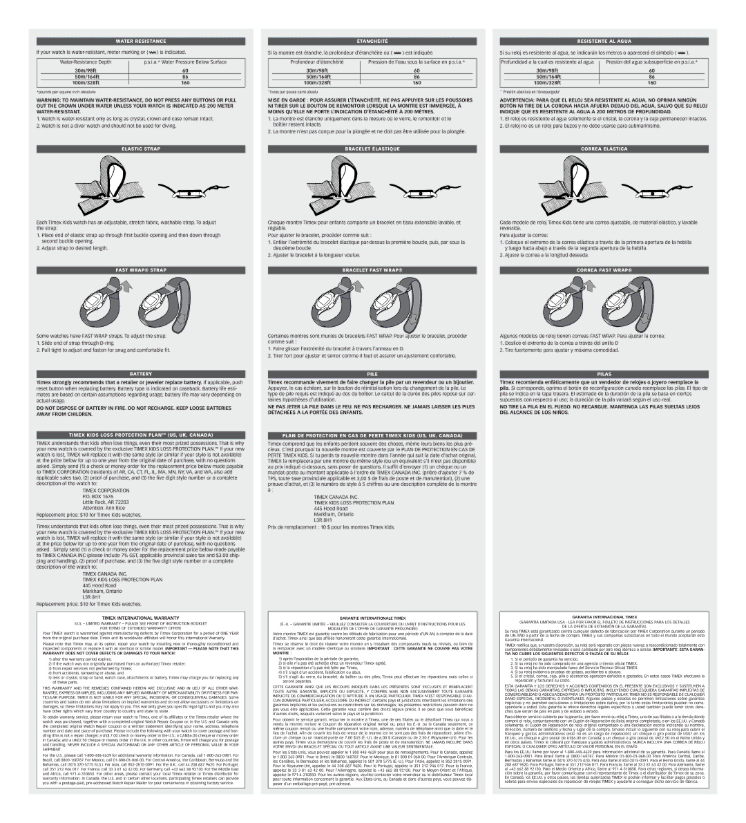 Timex W-10 warranty Warranty does not Cover Defects or Damages to Your Watch, Garantie Internationale Timex, Montre 