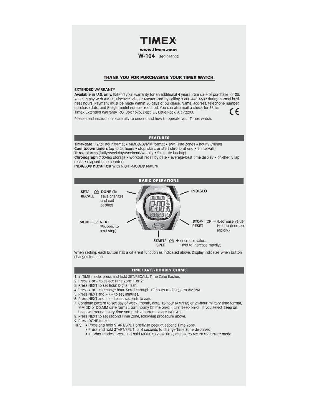 Timex W-104 warranty Features, Basic Operations, TIME/DATE/HOURLY Chime 