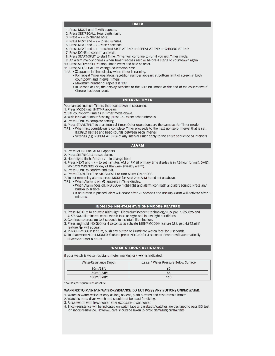 Timex W-104 warranty Interval Timer, Alarm, Indiglo NIGHT-LIGHT/NIGHT-MODE Feature, Water & Shock Resistance 