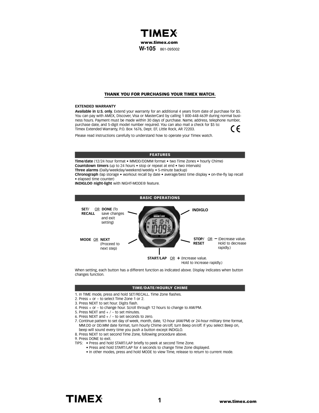 Timex W-105 warranty Features, Basic Tions, Time/Date/Hourly 