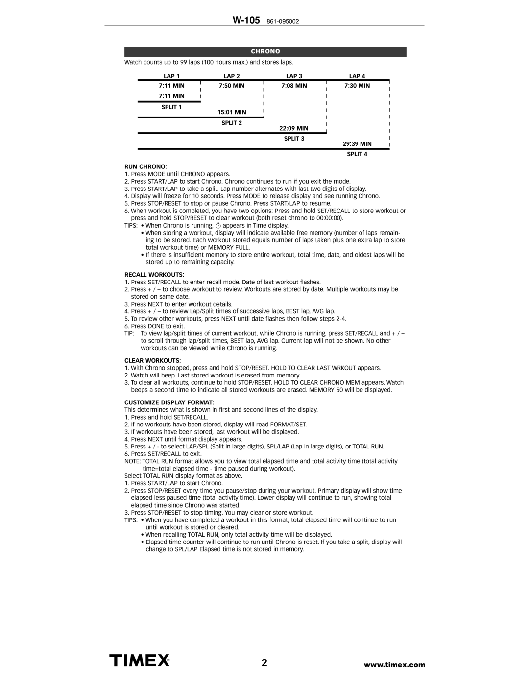 Timex W-105 warranty Chrono, Run, Recall Workouts, Clear Workouts, Customize 