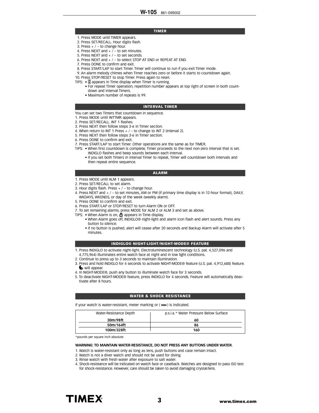 Timex W-105 warranty Interval Timer, Alarm, Indiglo LIGHT/NIGHT-MODE Ture, Water Ance 