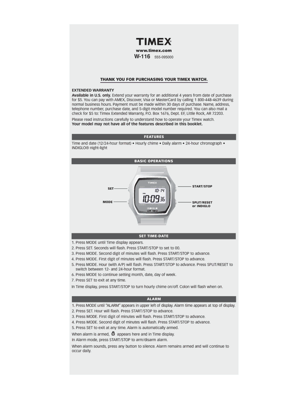 Timex W-116 warranty Thank YOU for Purchasing Your Timex Watch, Extended Warranty, SET START/STOP Mode SPLIT/RESET 