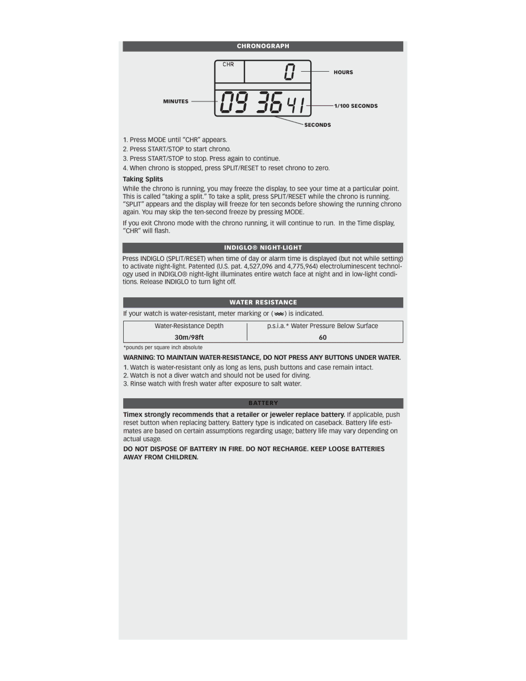 Timex W-116 warranty Taking Splits, 30m/98ft, Battery, Hours Minutes Seconds 