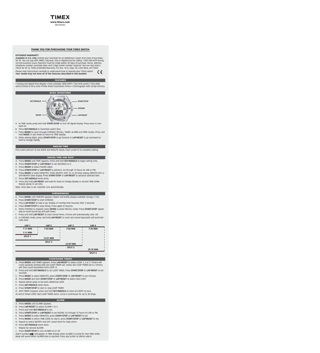 Timex 558-095002, W-130 warranty Extended Warranty 